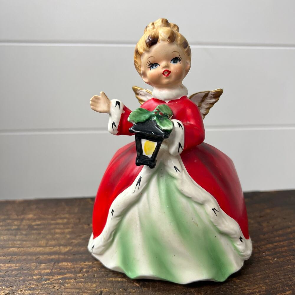Napco Vintage Christmas Angel Planter Holding Lantern Figurine 5 1/2”